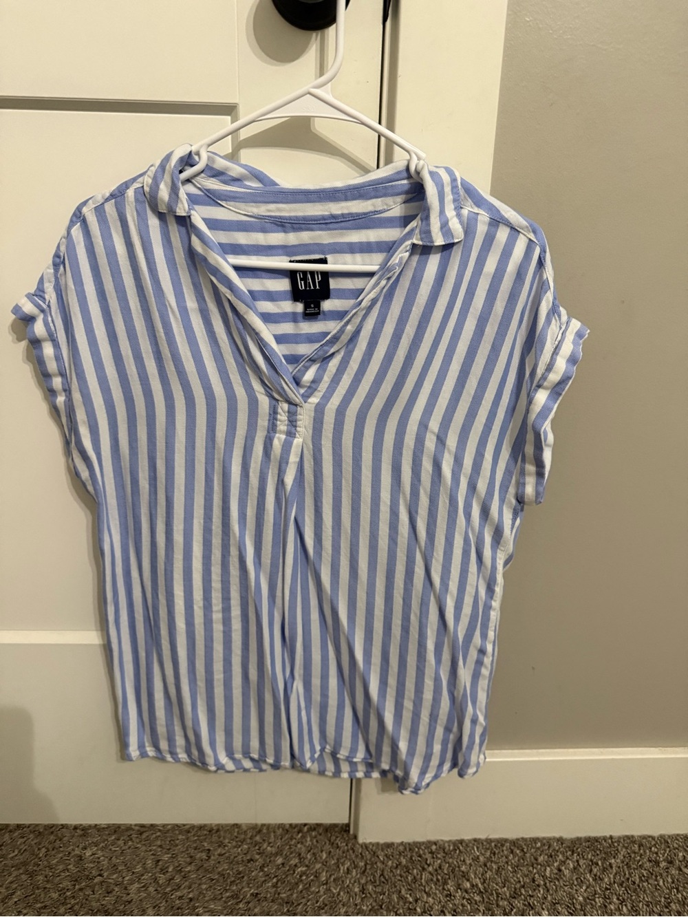 GAP Light Blue and White Striped Collared V-Neck Blouse